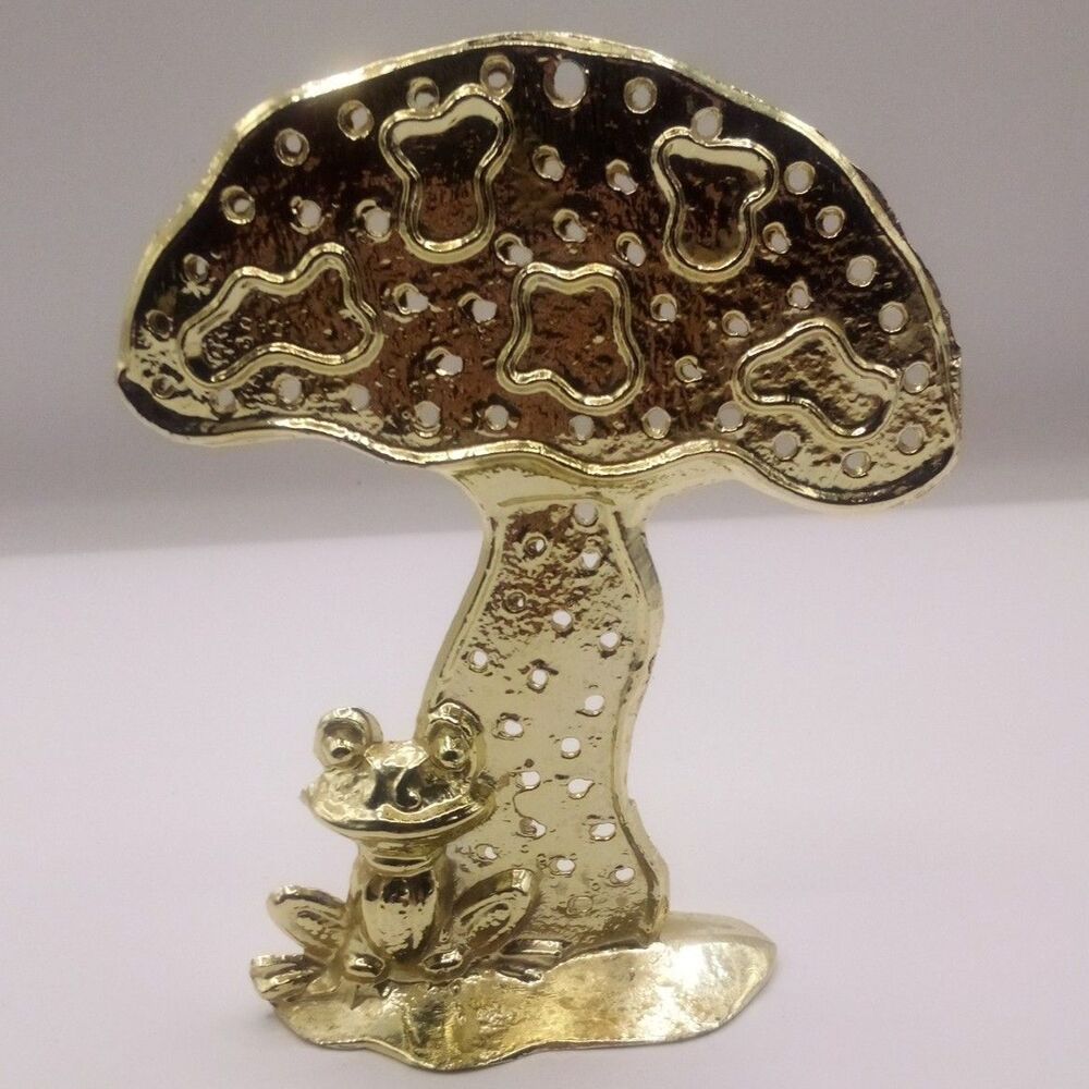 Revere Gold Tone Mushroom And Frog Metal Earring Holder Stand Vanity VTG